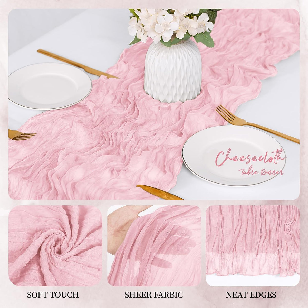 6 Pack Light Pink Cheesecloth Table Runner 17x108 Inch Semi Sheer Boho Gauze Cheese Cloth Fabric Table Runners, for Wedding Party Baby Shower Birthday Home Decor Garden Farmhouse