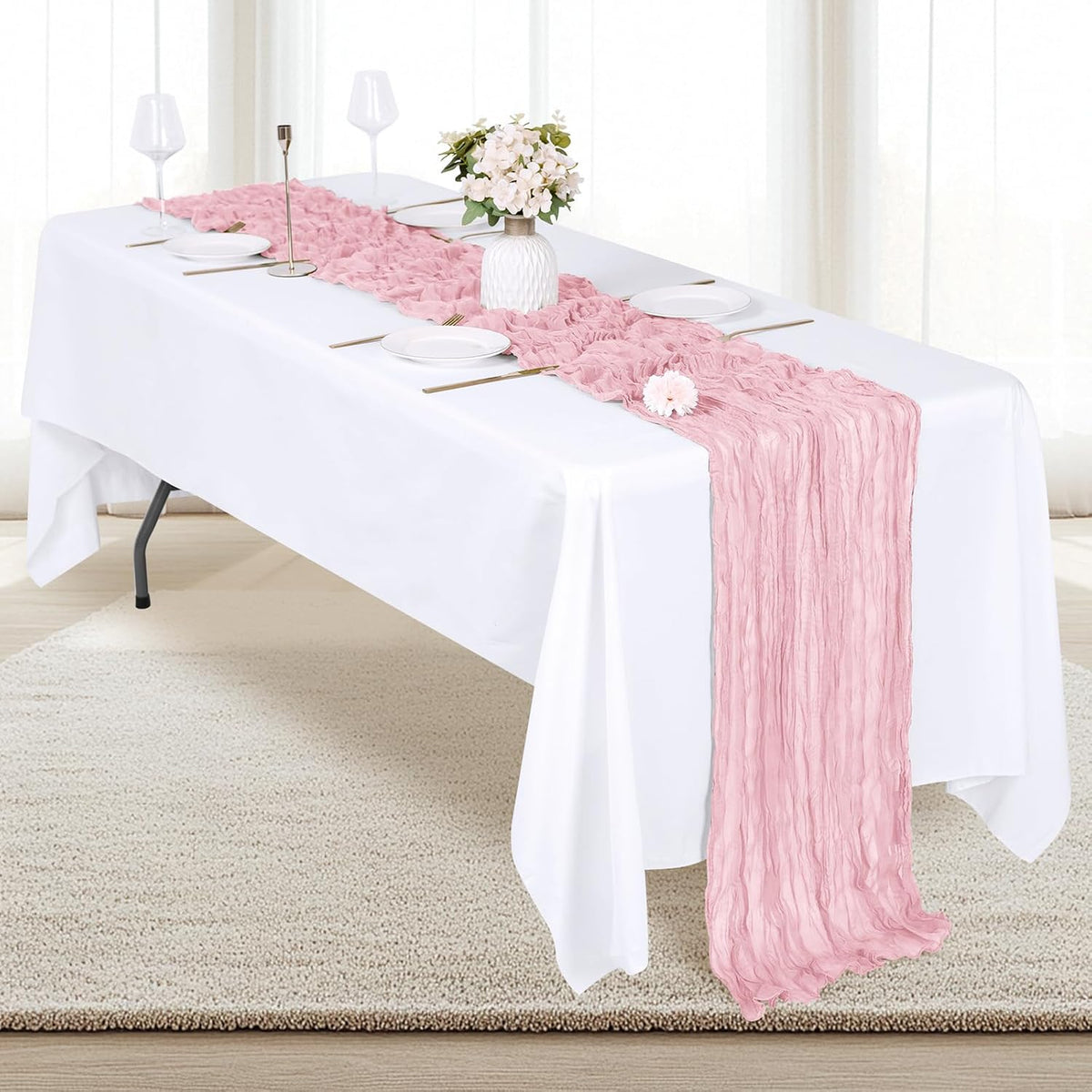 6 Pack Light Pink Cheesecloth Table Runner 17x108 Inch Semi Sheer Boho Gauze Cheese Cloth Fabric Table Runners, for Wedding Party Baby Shower Birthday Home Decor Garden Farmhouse