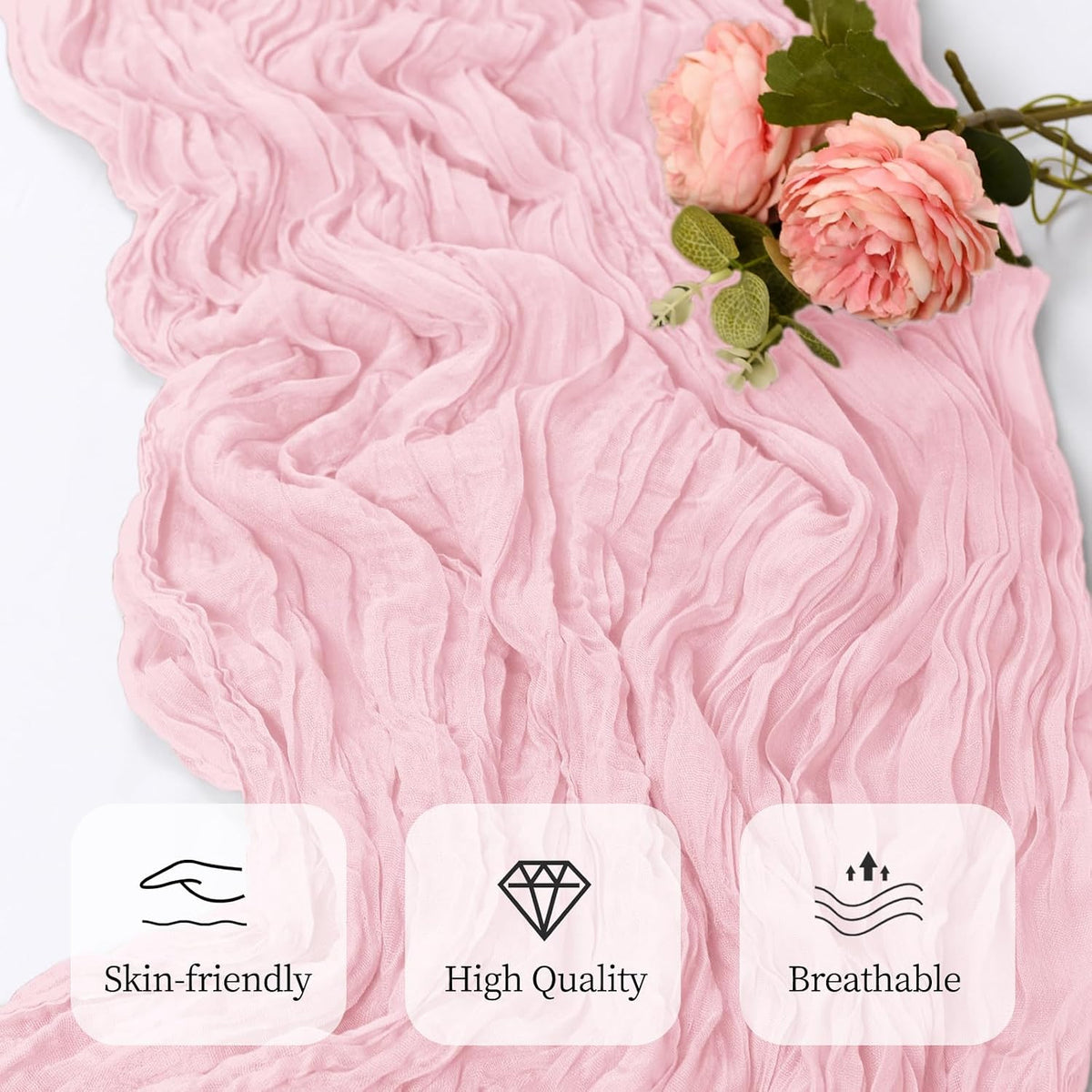 6 Pack Light Pink Cheesecloth Table Runner 17x108 Inch Semi Sheer Boho Gauze Cheese Cloth Fabric Table Runners, for Wedding Party Baby Shower Birthday Home Decor Garden Farmhouse