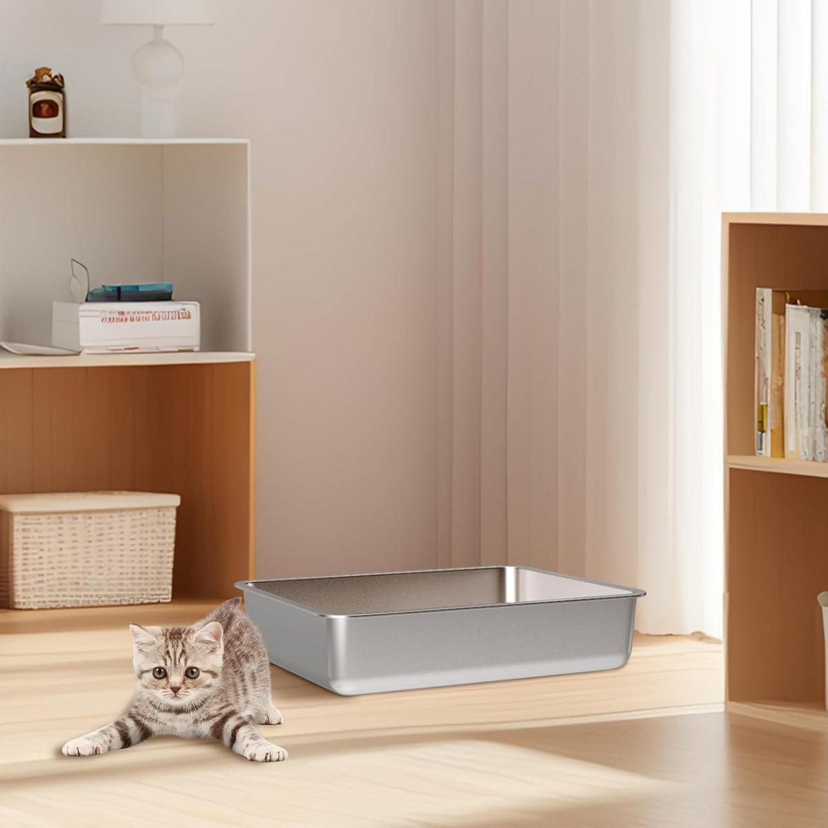 Stainless Steel Litter Box - 17.7" L x 13.77" W x 4" H Metal Cat Litter Box, Non Stick, No Smell, Easy Entry,Easy to Clean,Metal Litterbox for Kitten,Elderly Cats,Bunny