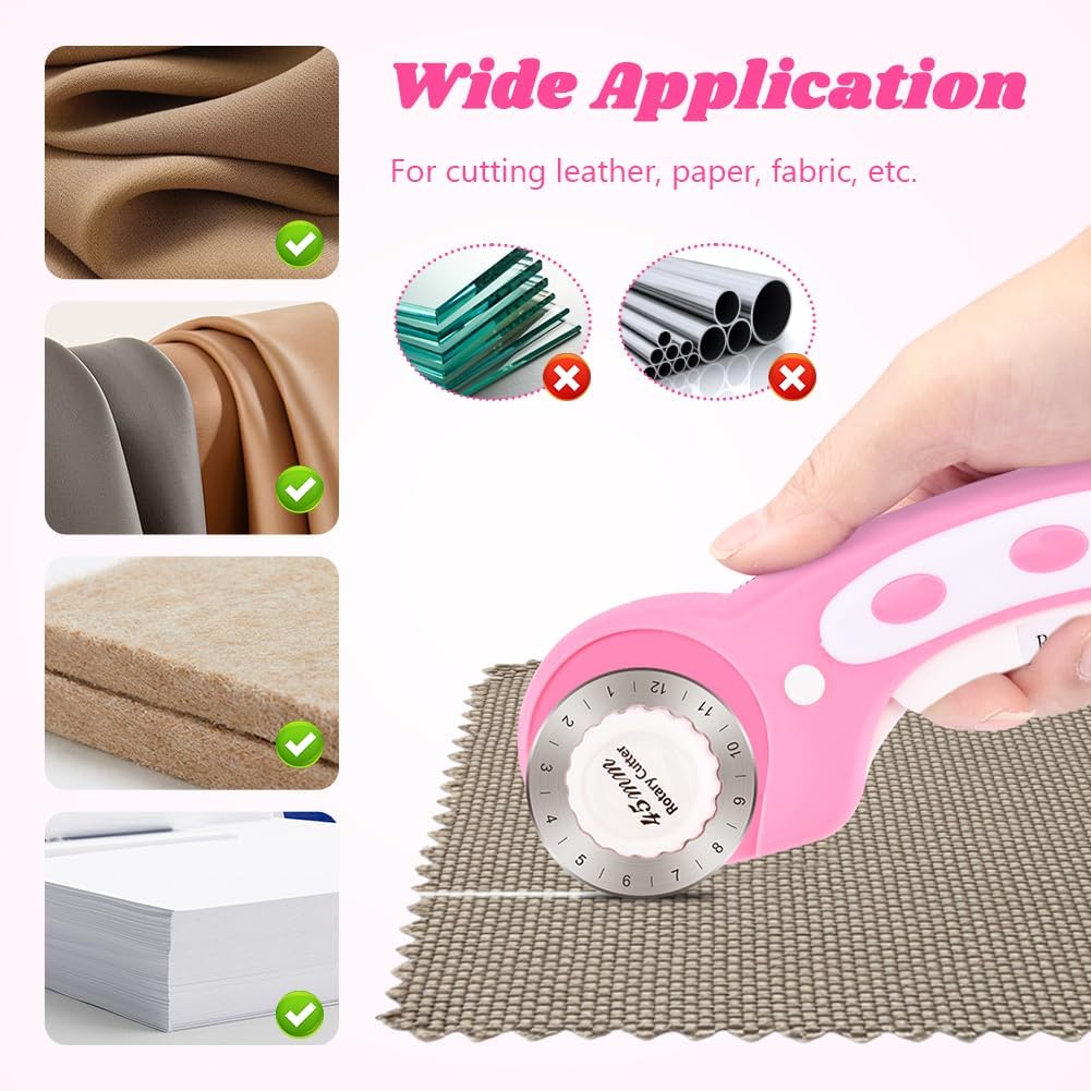 45mm Rotary Cutter for Fabric with 10pcs Replacement Blade, Ergonomic Handle Rolling Cutter with Safety Lock for Fabric, Leather, Paper, Crafting, Sewing, Quilting (COLOR:Pink)