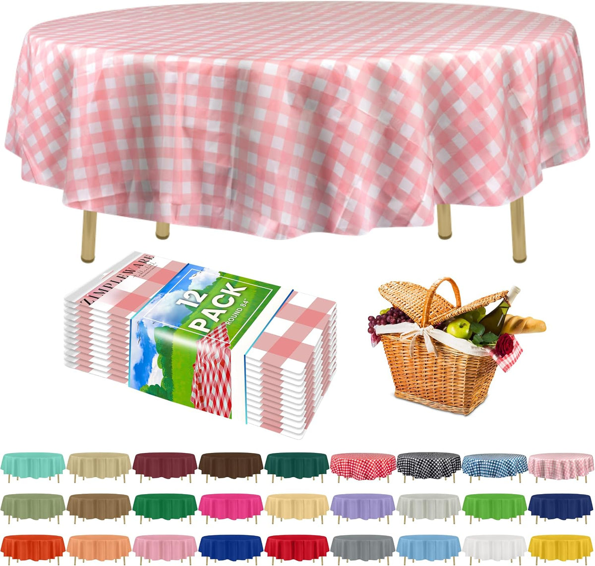 Premium Plastic Table Cloth Disposable Round 84in. 12 Pack