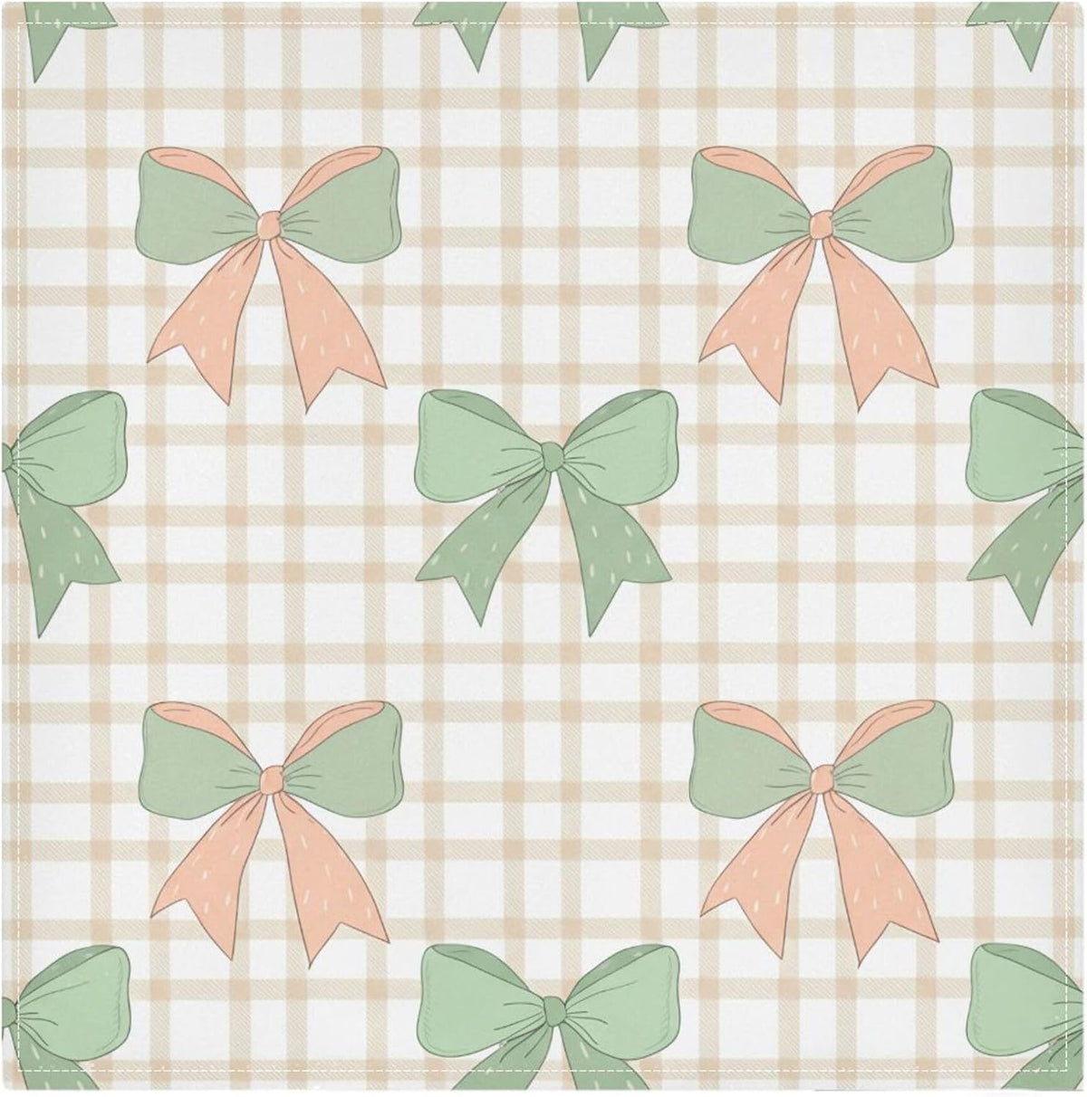 Cloth Napkins Set of 4 Green Peach Bows on Checkered Dinner Napkins 20x20 in, Washable & Reusable Fabric Table Napkin for Dining Parties Holiday, Eco-Friendly