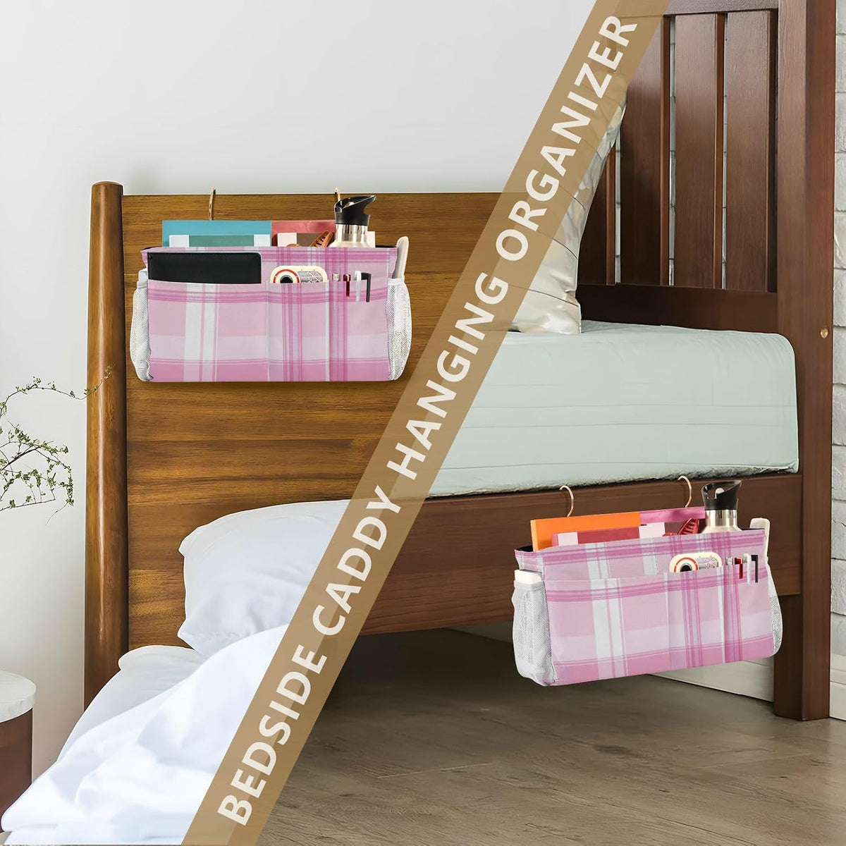 Pink Checkered Plaid and Bow Bedside Caddy Bedside Organizer Bedside Storage Caddy College Dorm Bed Accessories