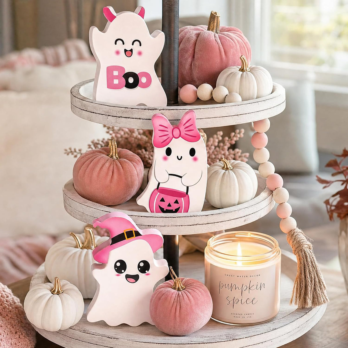 3 PCs Pink Halloween Table Decor, 3 Style Cute Wooden Ghosts Halloween Decorations indoor, Funny Wood Ghost Tabletop Centerpieces Tiered Tray Decor Signs for Home Office Room Girls Gifts, Pink White