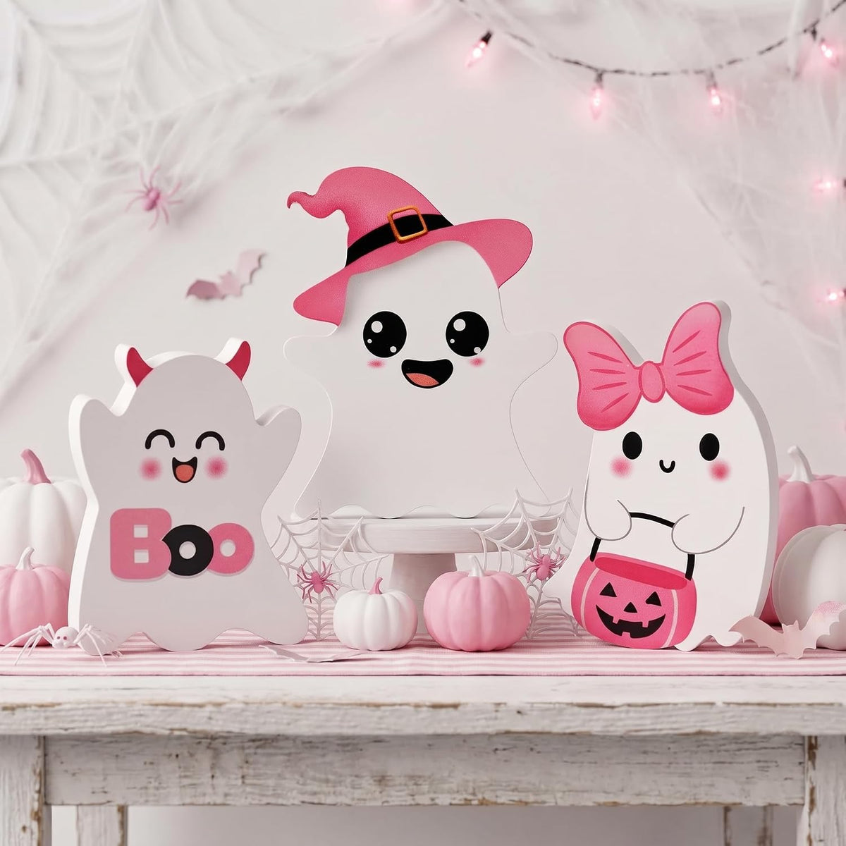 3 PCs Pink Halloween Table Decor, 3 Style Cute Wooden Ghosts Halloween Decorations indoor, Funny Wood Ghost Tabletop Centerpieces Tiered Tray Decor Signs for Home Office Room Girls Gifts, Pink White