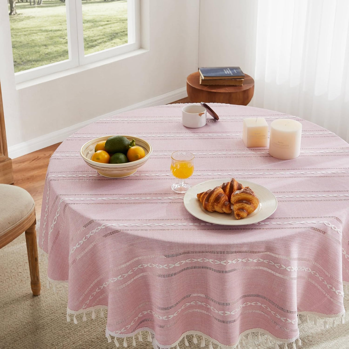ZeeMart Hemstitched Striped Boho Table Cloth, 54 Inch Round Pink