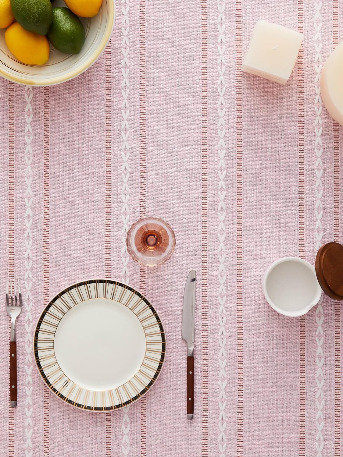 ZeeMart Hemstitched Striped Boho Table Cloth, 54 Inch Round Pink