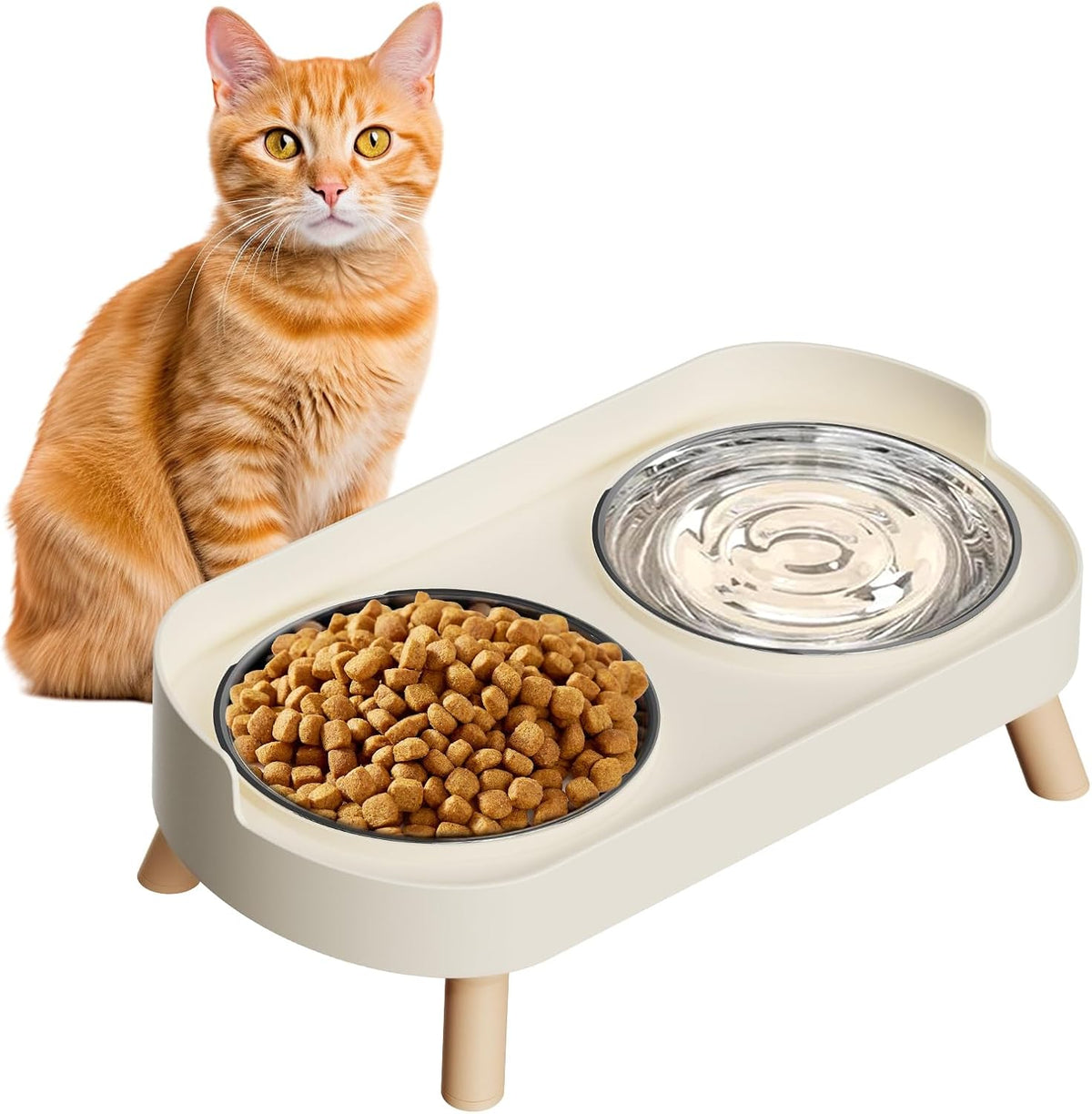 Elevated Cat Bowl, Raised Cat Food and Water Bowl Set for Indoor Cats, Splash Proof with 2 Stainless Steel Pet Food Bowls for Cats and Puppies, Whisker Fatigue and Dishwasher Safe - White