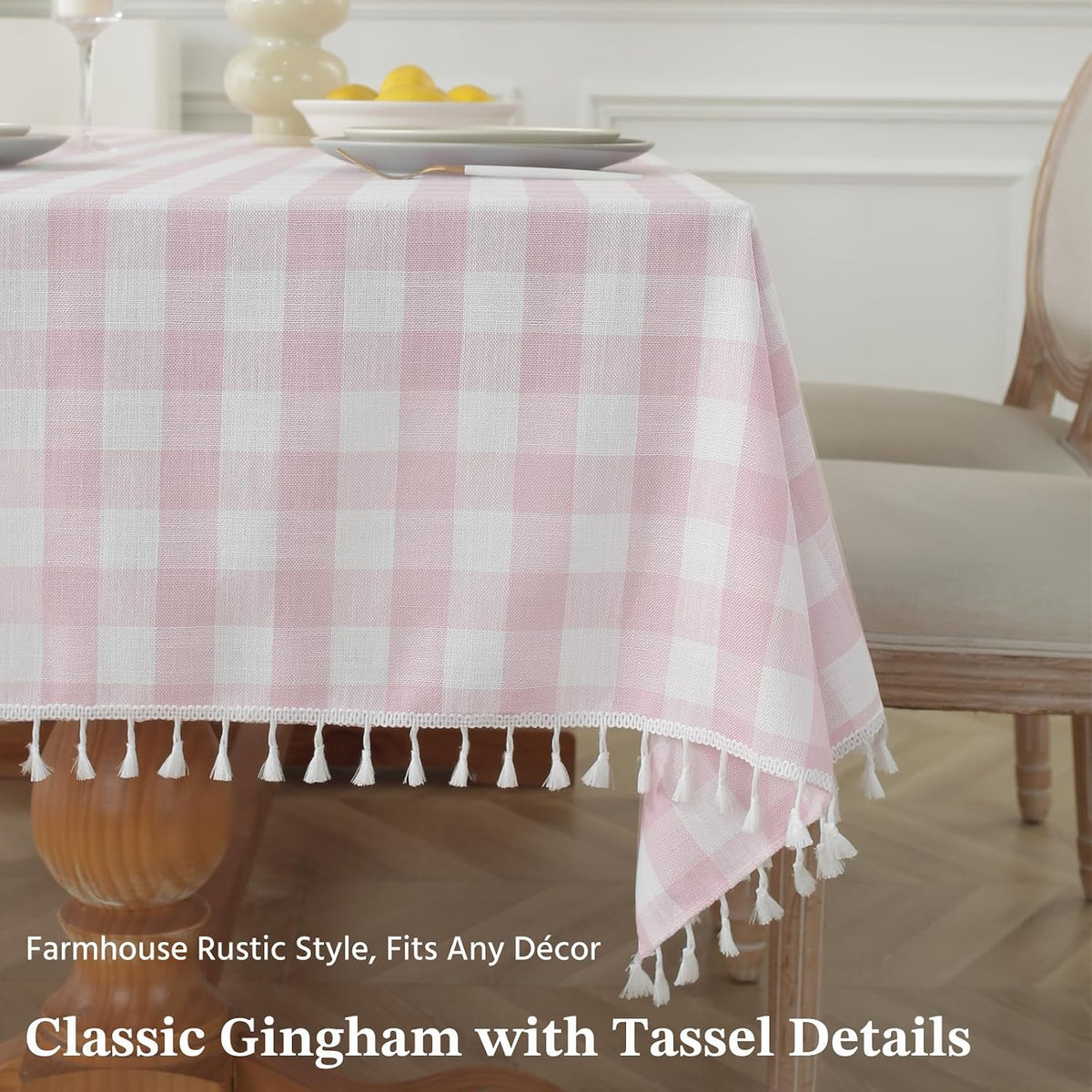 Pink Gingham Tablecloth Rectangle 55 x 75 Inch, Washable Checkered Plaid Table Cloth Heavy Duty Linen Cotton Fabric for Mothers Day Outdoor Picnic Party Freshly Graduated