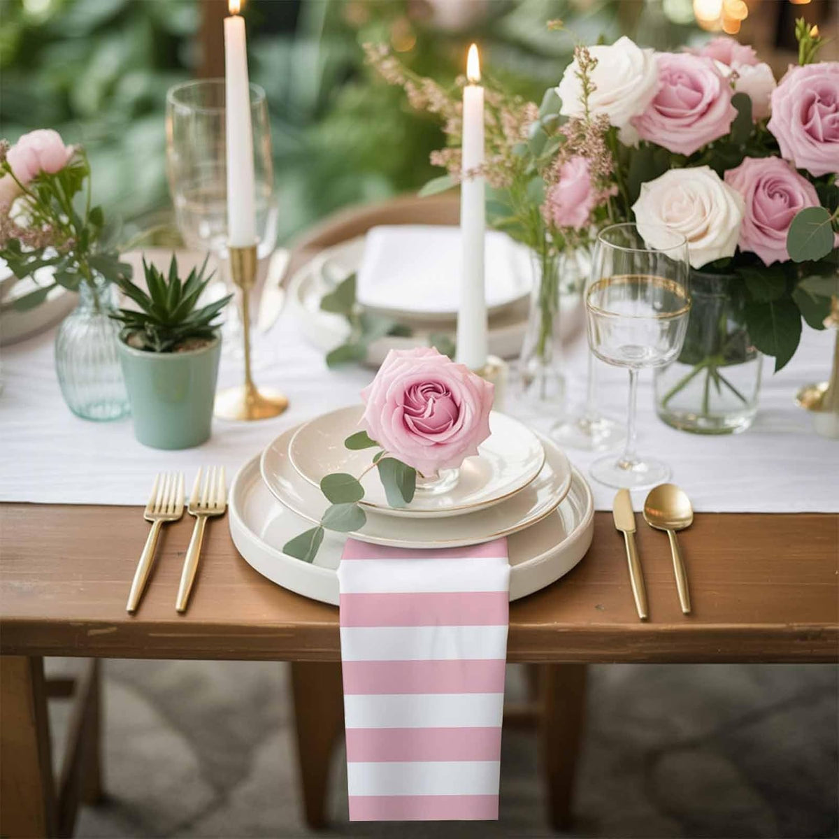 Cloth Napkins 20 x 20 Inch Pink and White Stripes Soft Absorbent Dinner Napkins Striped Simple Style Washable Reusable Kitchen Napkin Sets for Parties Wedding Restaurant Hotel