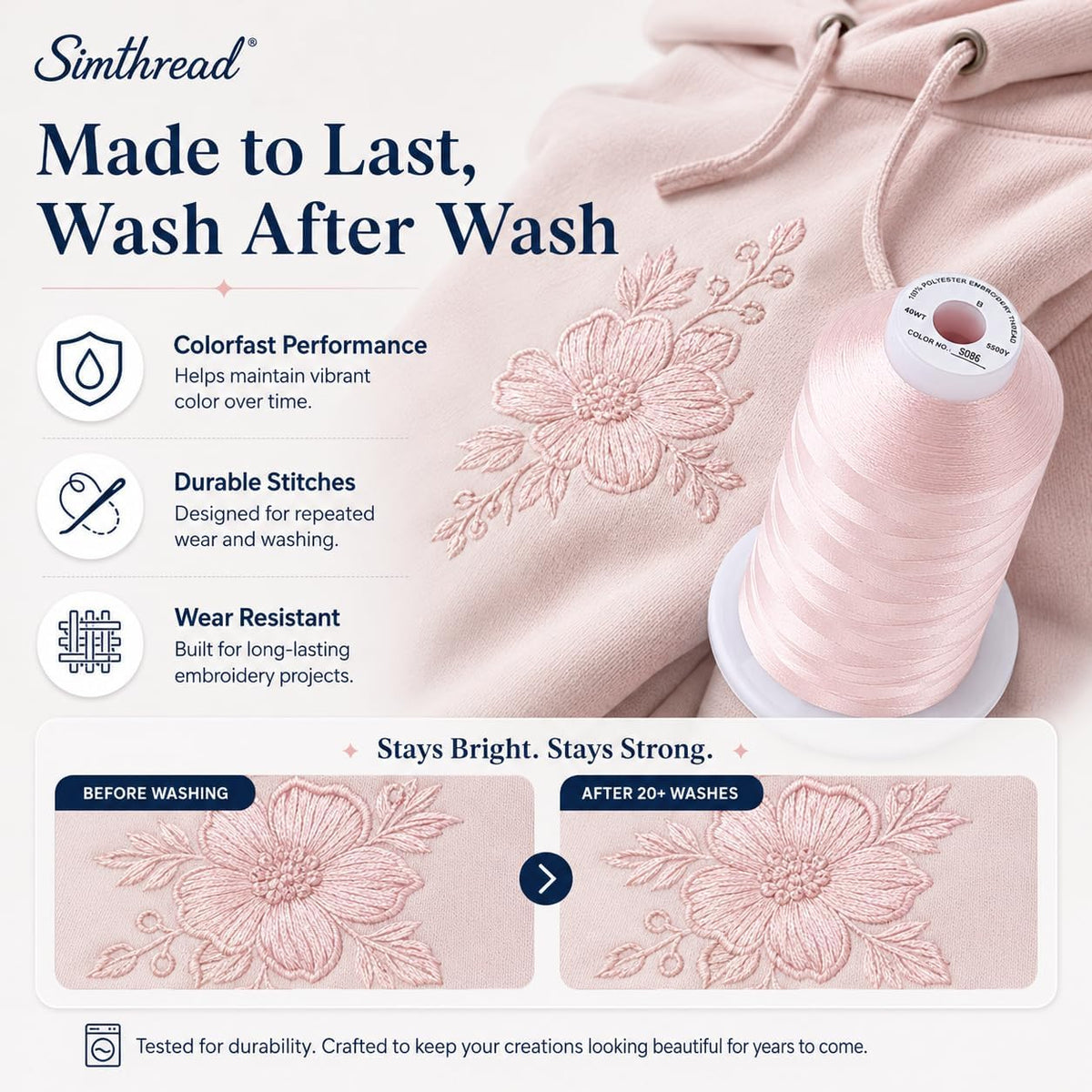 5000M 40WT Polyester Embroidery Thread, Light Peach Pink S086 | 5000M 40WT polyester thread feeds smoothly for machine embroidery, monograms, logos, patches and quilting.