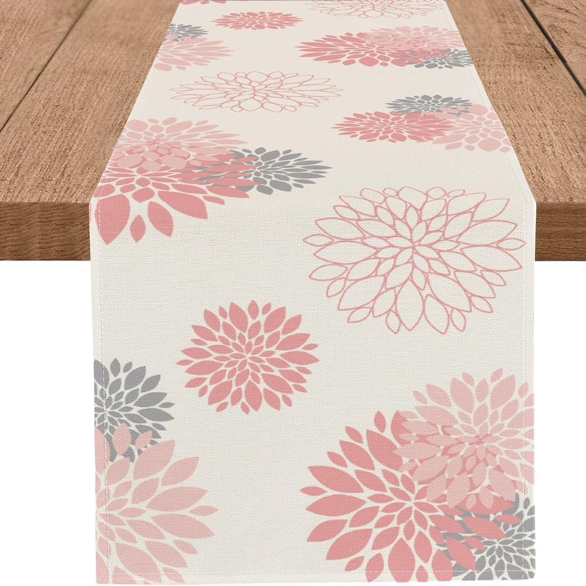 Pink Gray Table Runner Dahlia Pinnata Flower Beige Table Runners Modern Elegant Pompon Farmhouse Geometric Table Center Decor for Girls Room Dining Party Patio (13 x 48 Inch)