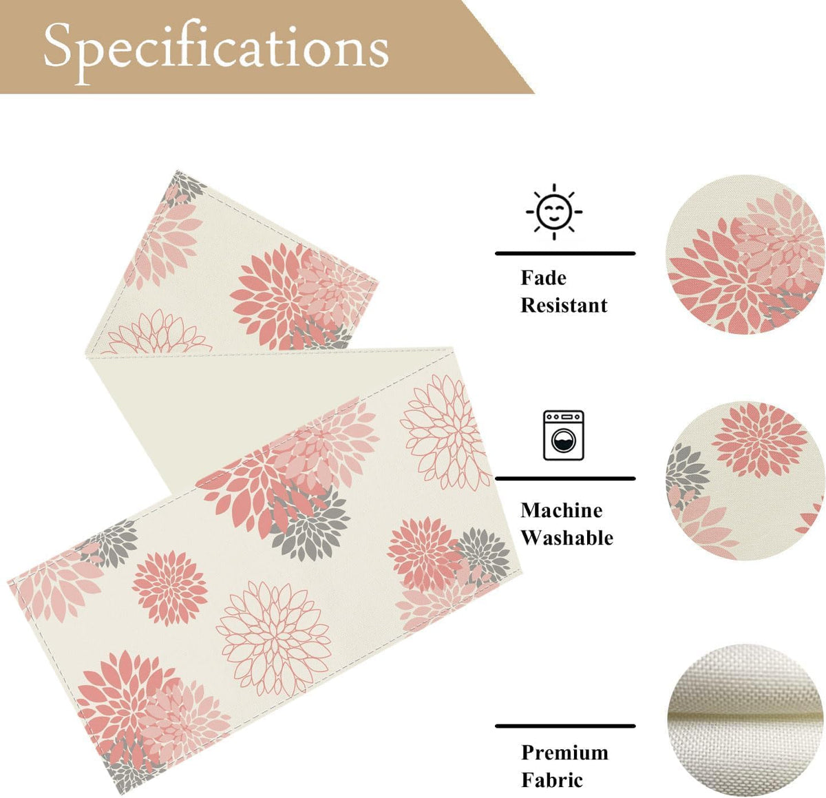 Pink Gray Table Runner Dahlia Pinnata Flower Beige Table Runners Modern Elegant Pompon Farmhouse Geometric Table Center Decor for Girls Room Dining Party Patio (13 x 48 Inch)