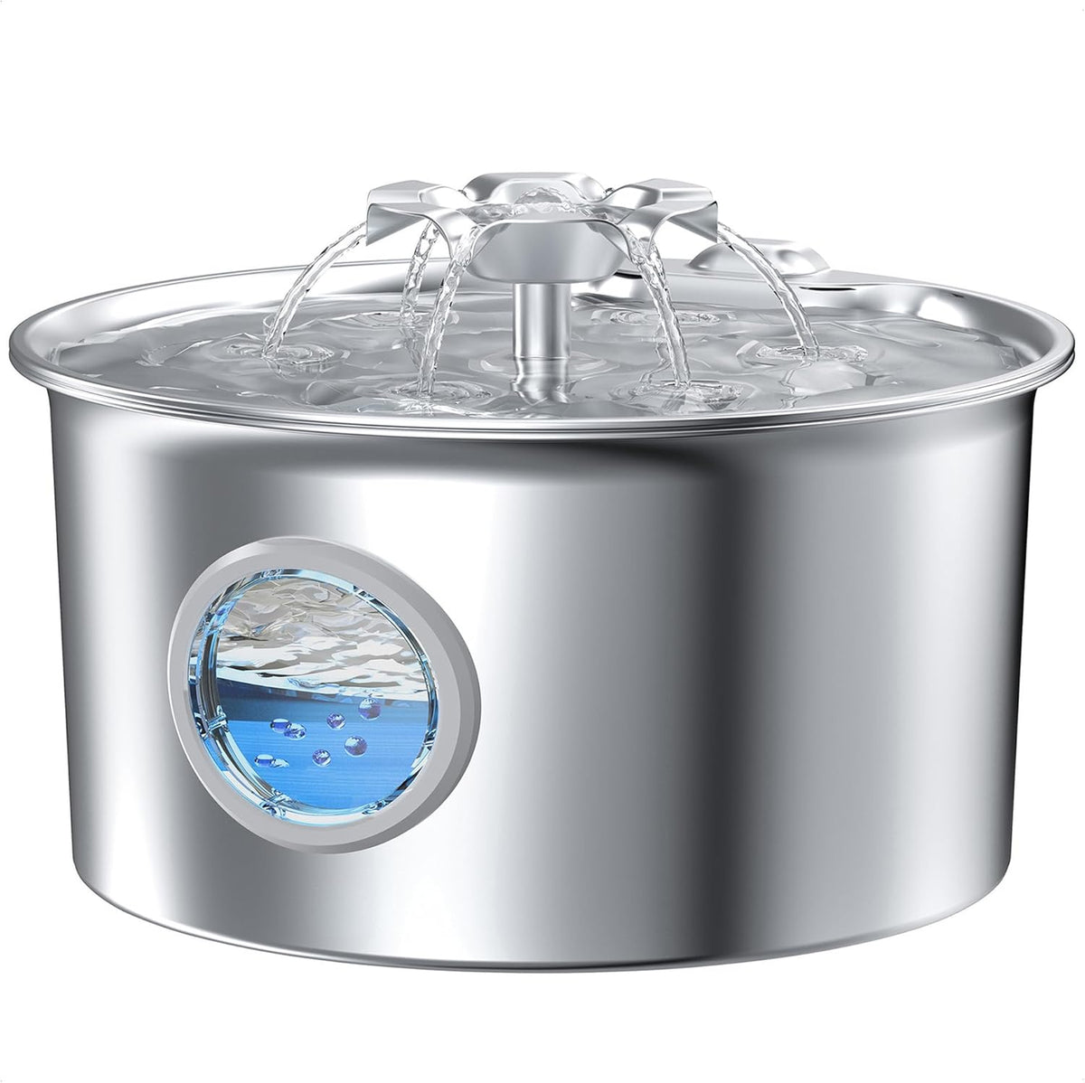 Stainless Steel Cat Water Fountain: 88oz/2.6L Ultra Quiet Pet Fountain with Flower Kitty Spout & LED Blue Light Water Dispenser with Water Level Window for Cats/Dogs Indoor (Silver) - IHOUONE