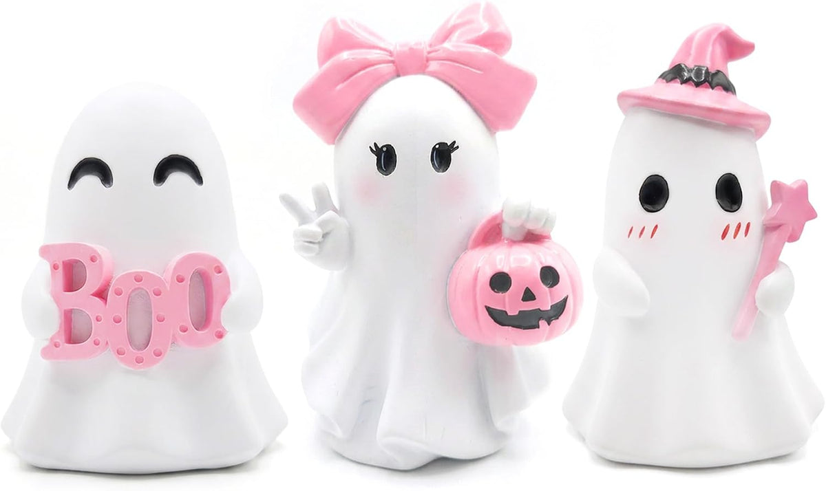3 Pcs Pink Halloween Ghost Figurines Decor - Cute Kawaii Pastel Halloween Decor with Pumpkin, Small Resin Desk Statue Decorations for Tiered Tray, Gifts for Women