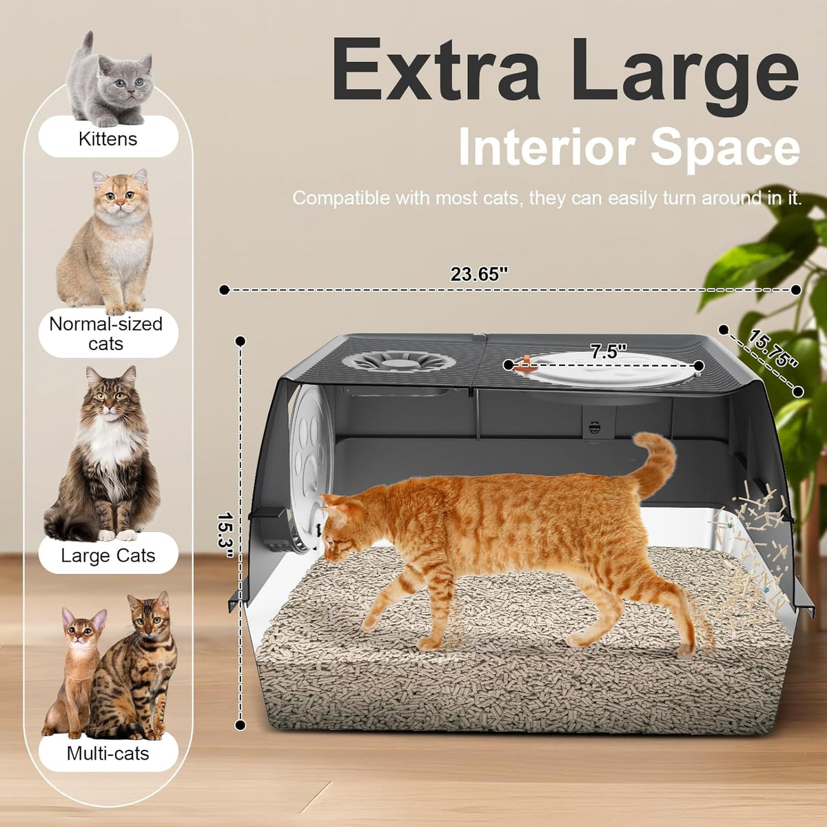 Stainless Steel Litter Box with Lid XL Extra Large Litter Box Enclosed Top Entry Metal Litterbox for Big Cats Easy Cleaning Anti-Leakage & High Sided with Mat Aisle & Scoop, Dark Grey