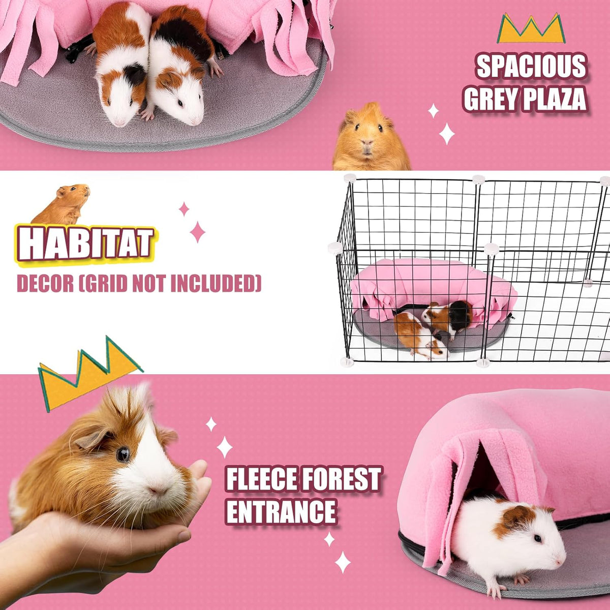 Guinea Pig Tunnel, 2-Way Tunnel for Guinea Pig, Hamster and Other Small Pets, Zip Design for Use and Storage, Pure Pink and Grey