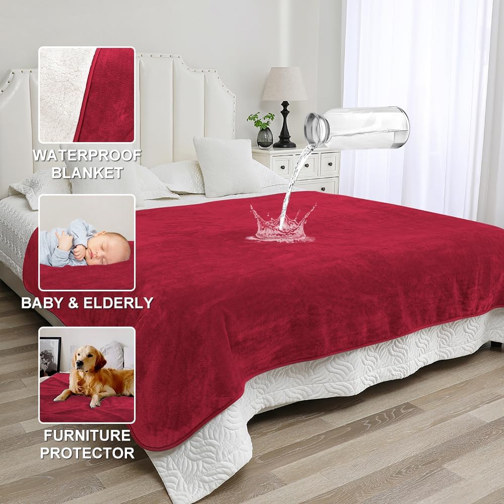 Waterproof Bed Blanket - Reversible Sherpa Throw with Leak-Resistant TPU Layer - 80x60 Burgandy Stain Resistant, Machine Washable Bed Protector for Couch, Bed & Pets