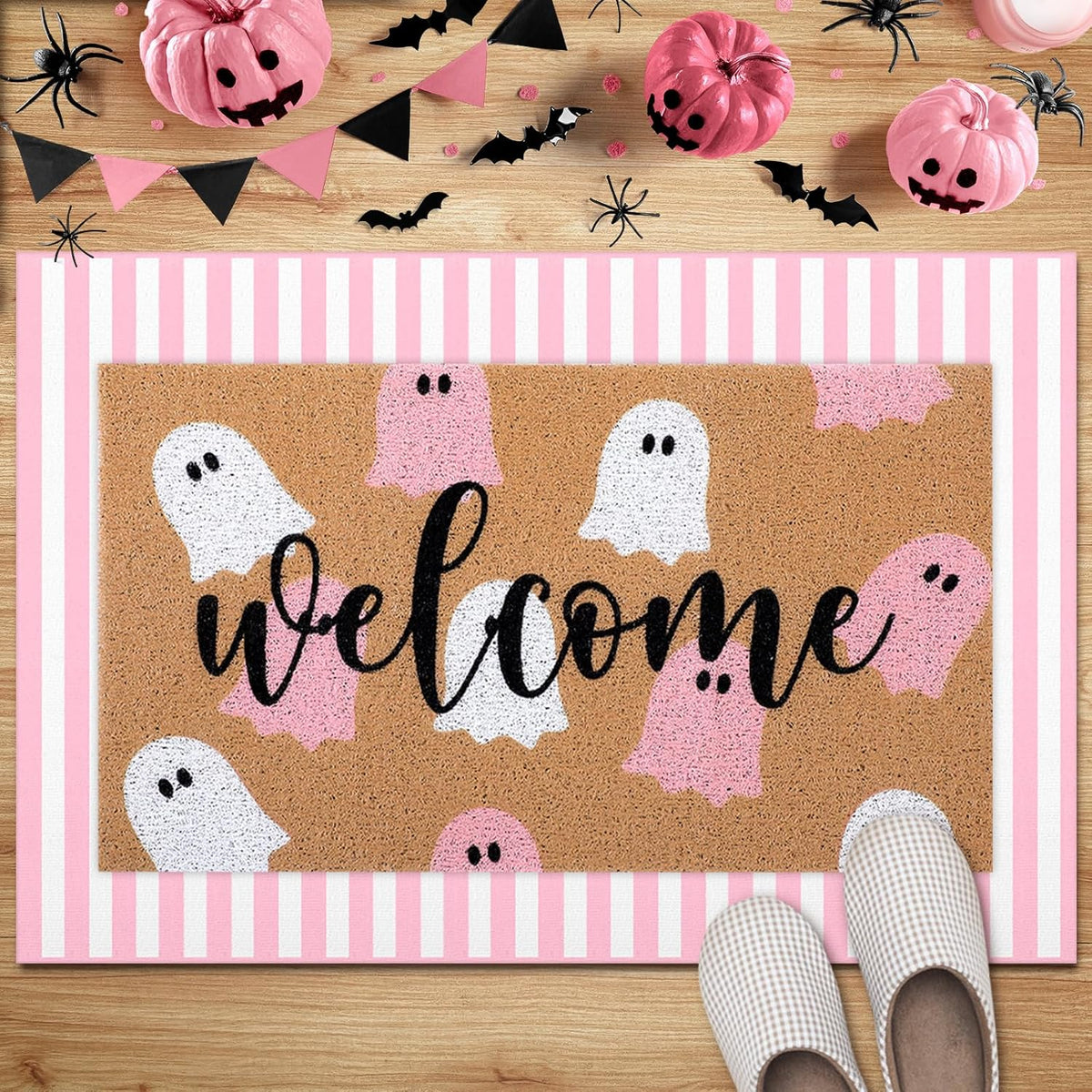 2 Pcs Halloween Ghost Layered Doormat Set, Pink White