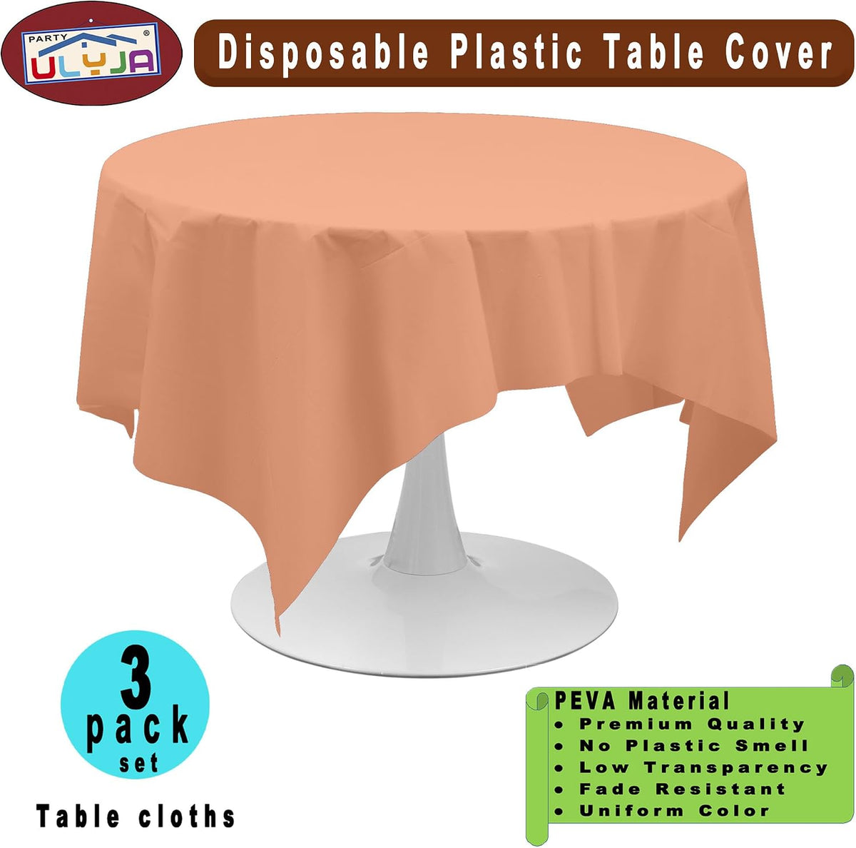 Peach Tablecloths Plastic 3 Pack Premium 84 Inches Disposable Table Covers Decorative Table Cloths for Round Dinning Kitchen Tables