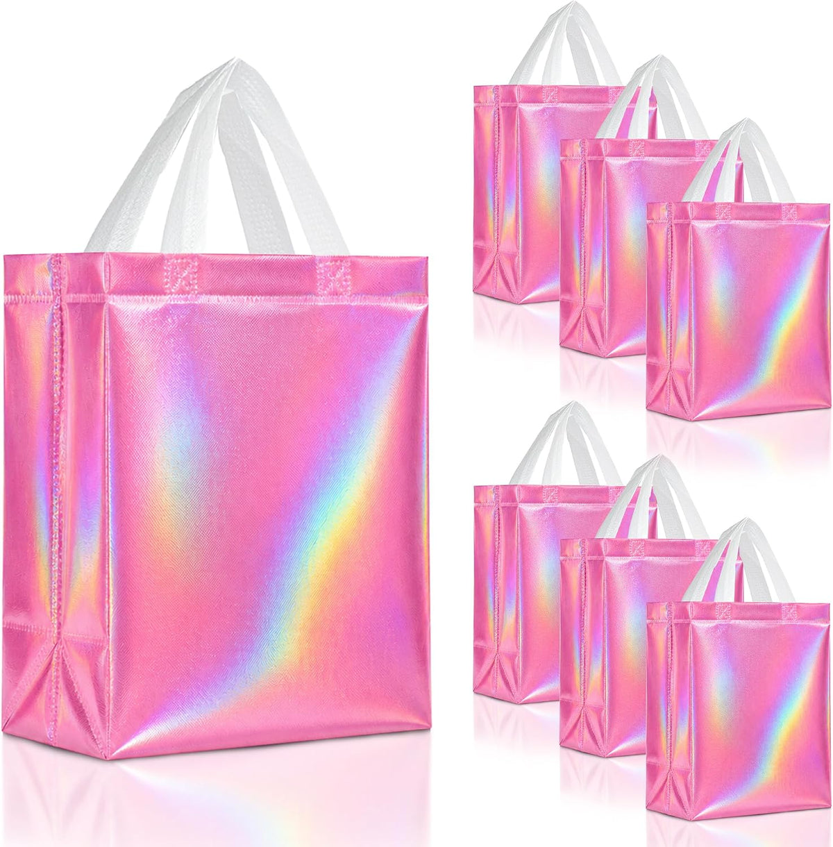 Set of 30 Reusable Medium Pink Iridescent Gift Bags with Handles