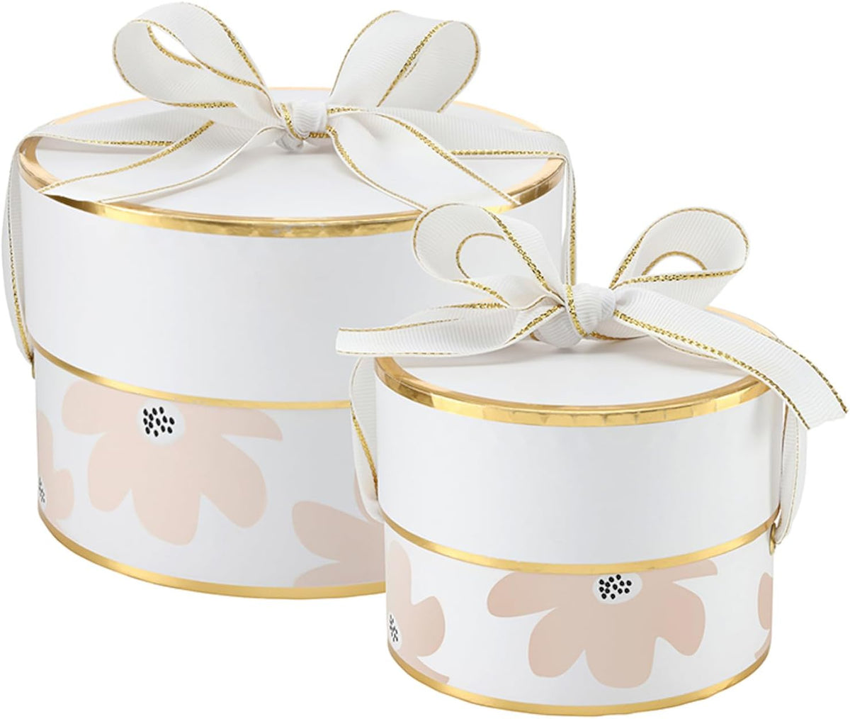 Gift Wrap Co. Nested Gift Box 2-Piece Set Round Designer Boxes with Lids, Large and Small, Pink Floral
