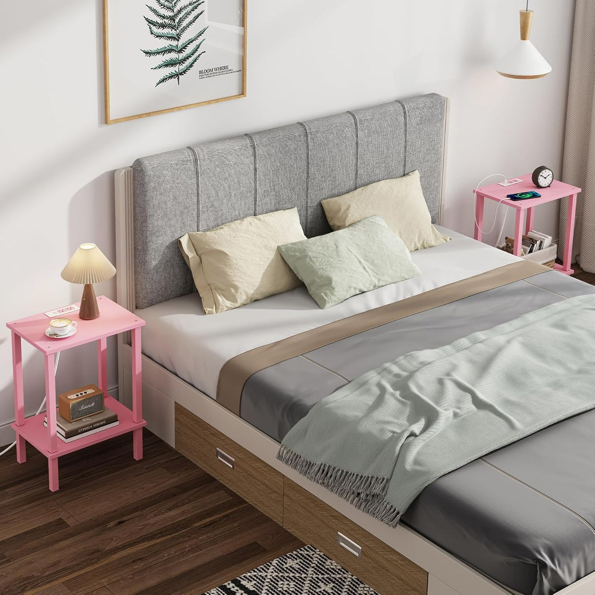 TUTOTAK End Table with Charging Station, Side Table, Nightstand