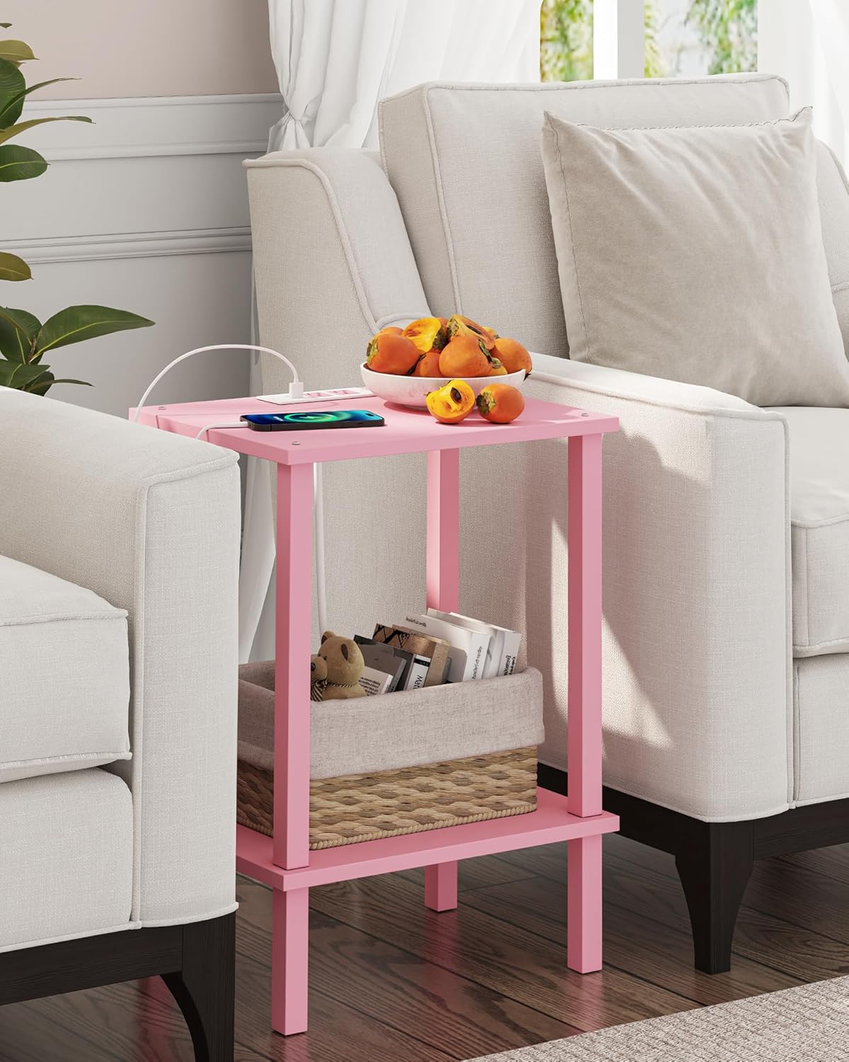 TUTOTAK End Table with Charging Station, Side Table, Nightstand