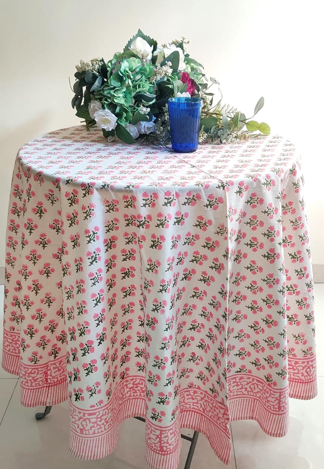 Cotton Blockprint Round Tablecloth, Gulbahar Pink, 90 Inches