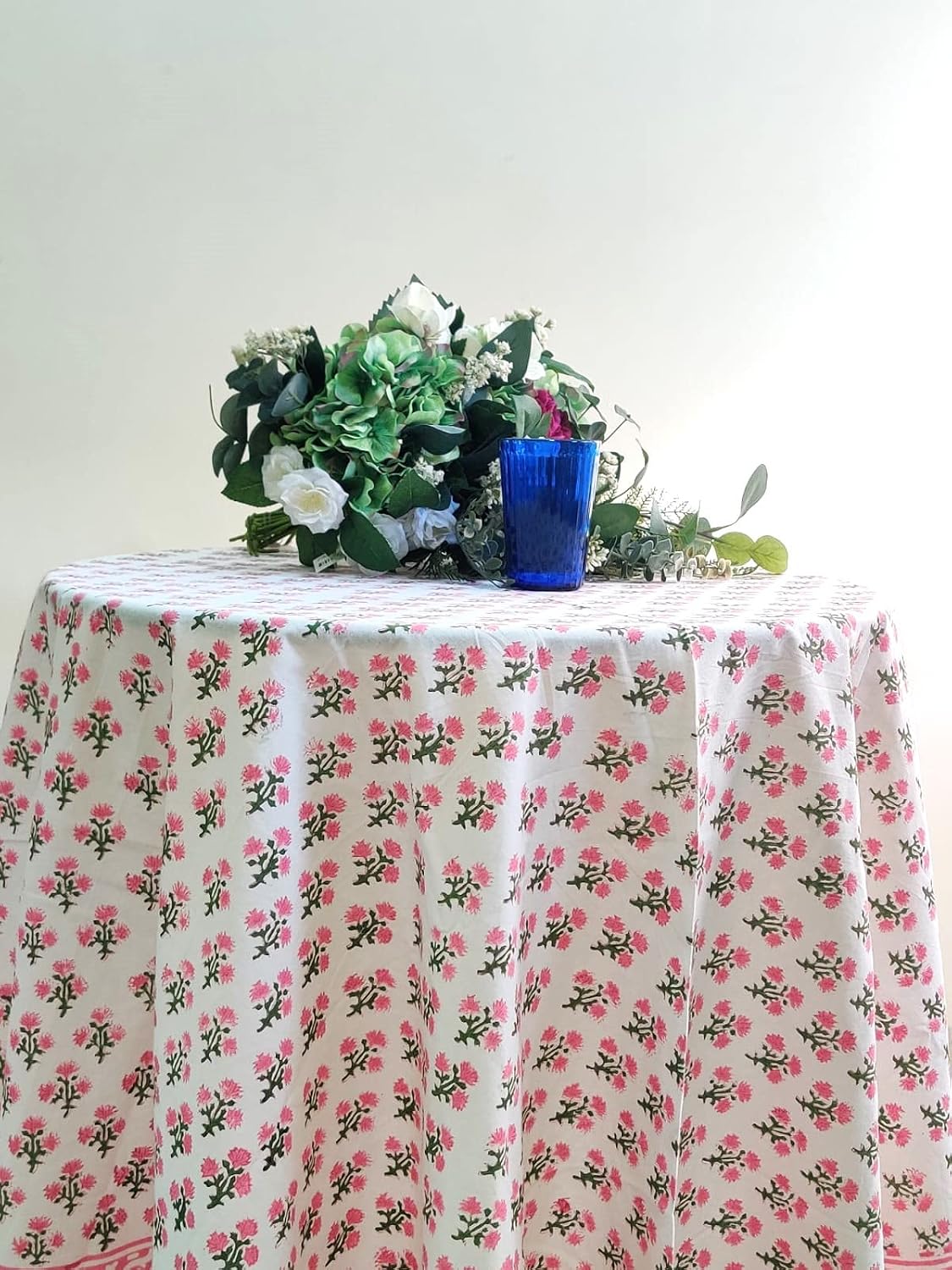 Cotton Blockprint Round Tablecloth, Gulbahar Pink, 90 Inches