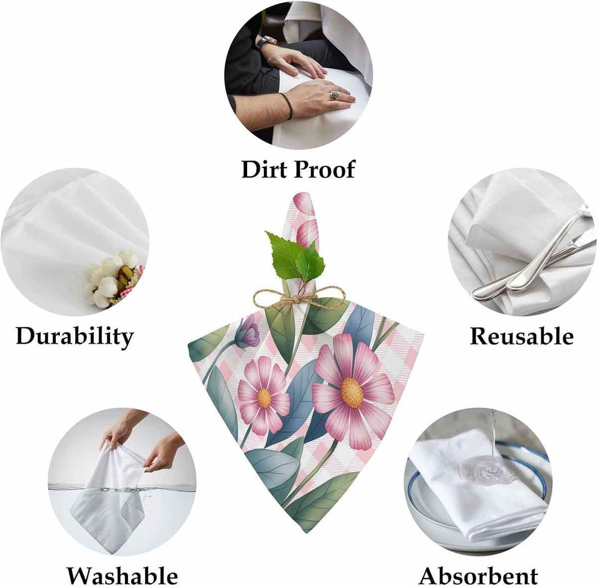 Pink Flowers Spring Floral Butterfly Leaves Plants Rustic Plaid Washable Reusable Dinner Cocktail Napkin for Kitchen Party Wedding Banquet Holiday Baby Shower Table Decor