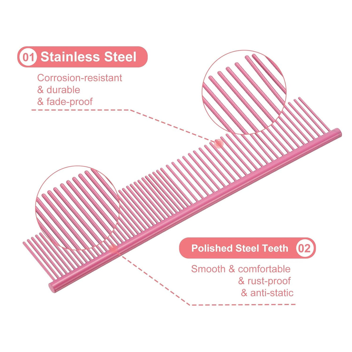 Dog Cat Comb, Pet Combs Stainless Steel Teeth with Rounded Ends for Knots Mats Loose Hair Removal, 7.5IN (Pink Coated, 3 Pack), Grooming Tool Intended for Long Curly Hair Pet