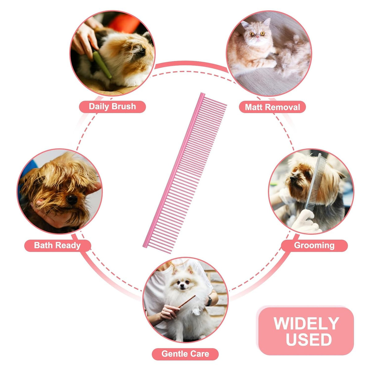 Dog Cat Comb, Pet Combs Stainless Steel Teeth with Rounded Ends for Knots Mats Loose Hair Removal, 7.5IN (Pink Coated, 3 Pack), Grooming Tool Intended for Long Curly Hair Pet