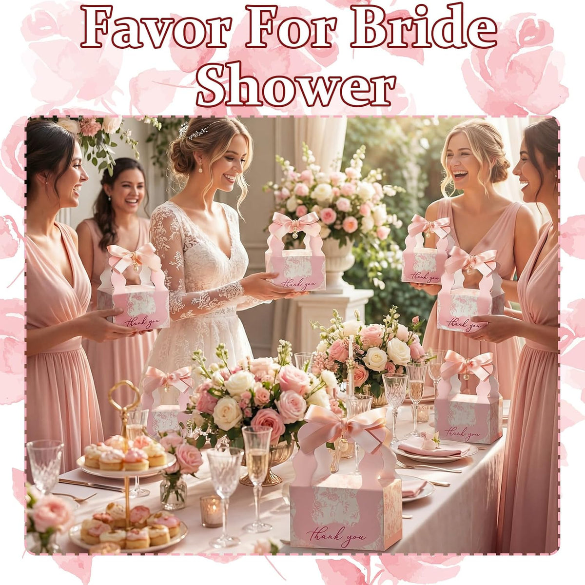 ForraFun 50 Sets Floral Wedding Favor Boxes with Pearl Pendant Bow Ribbon Floral Wedding Party Candy Boxes Bridal Gift for Guests Bridal Shower Birthday Party Anniversary Supplies (Pink)