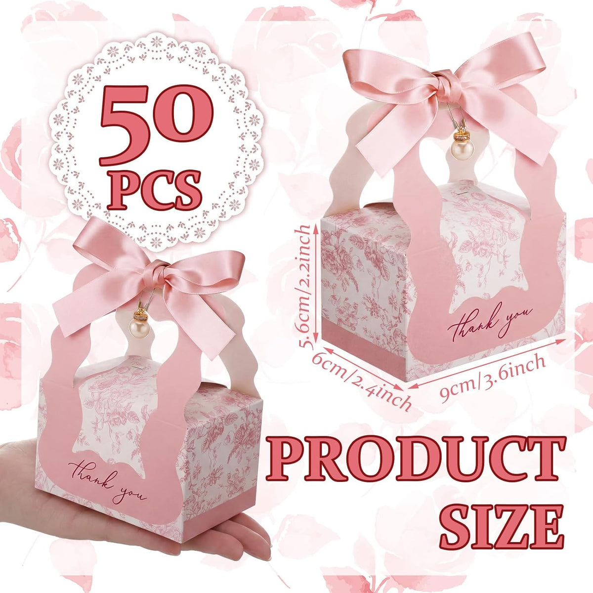 ForraFun 50 Sets Floral Wedding Favor Boxes with Pearl Pendant Bow Ribbon Floral Wedding Party Candy Boxes Bridal Gift for Guests Bridal Shower Birthday Party Anniversary Supplies (Pink)
