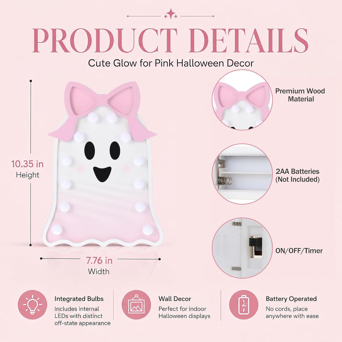 Pink Ghost Halloween Decor Light Up Wooden Ghost with Bow
