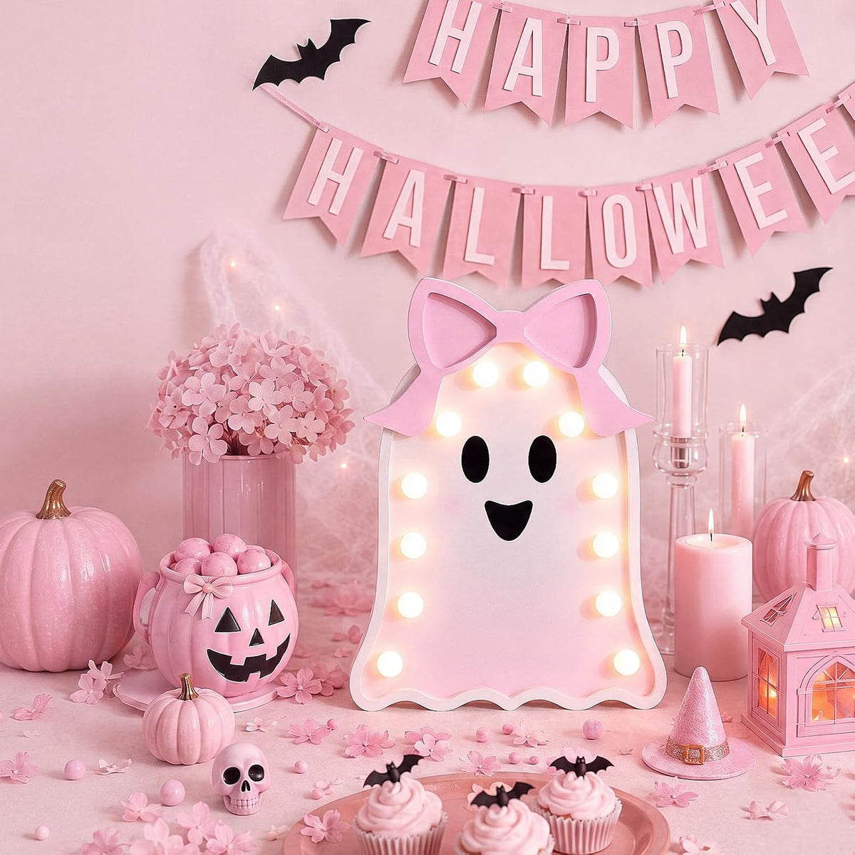 Pink Ghost Halloween Decor Light Up Wooden Ghost with Bow