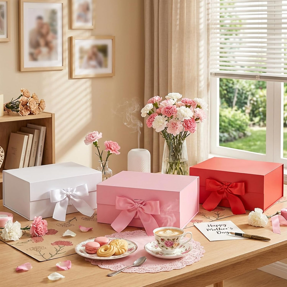 HAPPY POTATO 5 Gift Boxes with Ribbon 9x6.5x3.8 Inches, Pink Gift Box with Lids, Bridesmaid Proposal Boxes, Magnetic Gift Boxes for Presents (Glossy Pink, Pack of 5)