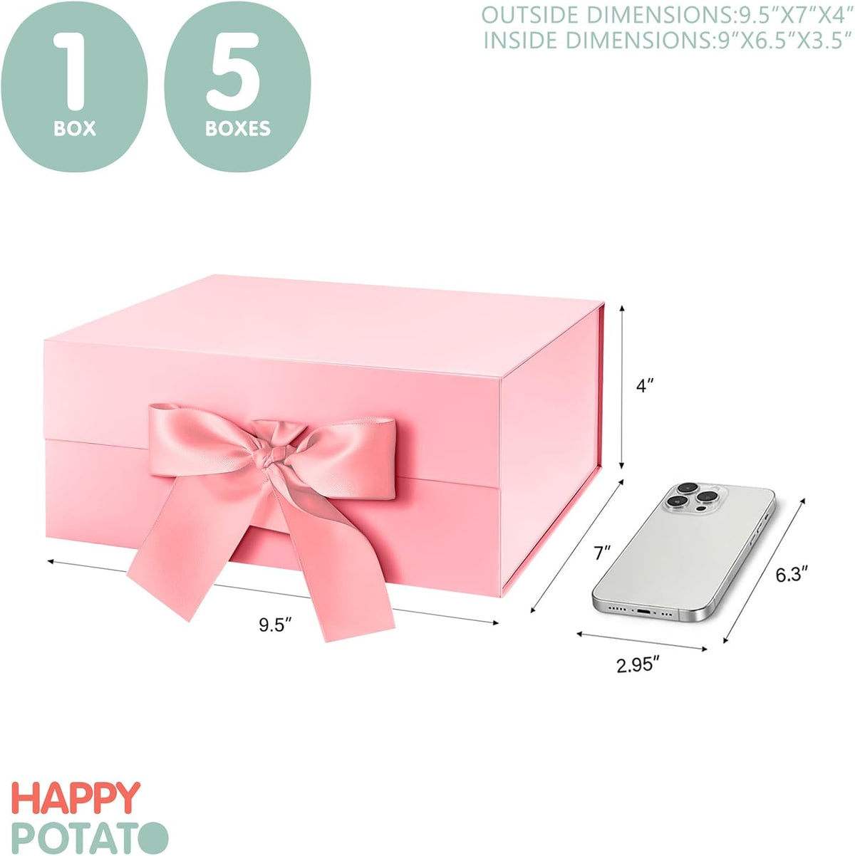 HAPPY POTATO 5 Gift Boxes with Ribbon 9x6.5x3.8 Inches, Pink Gift Box with Lids, Bridesmaid Proposal Boxes, Magnetic Gift Boxes for Presents (Glossy Pink, Pack of 5)