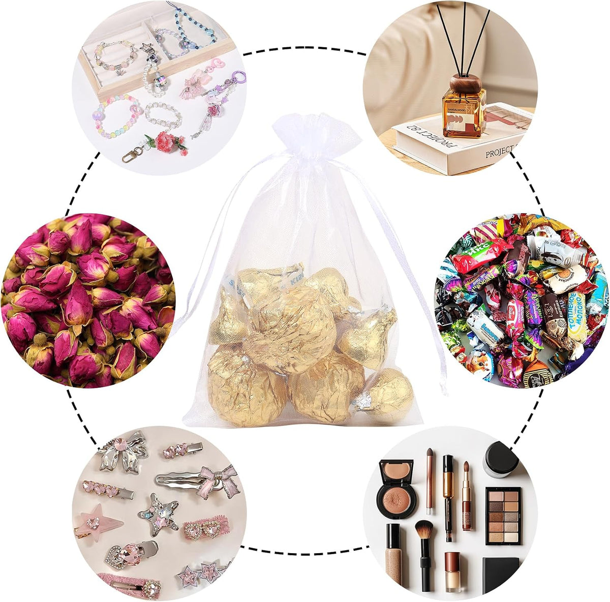 100Pcs Peach Organza Bags,3x4 Inch Small Mesh Drawstring Bags
