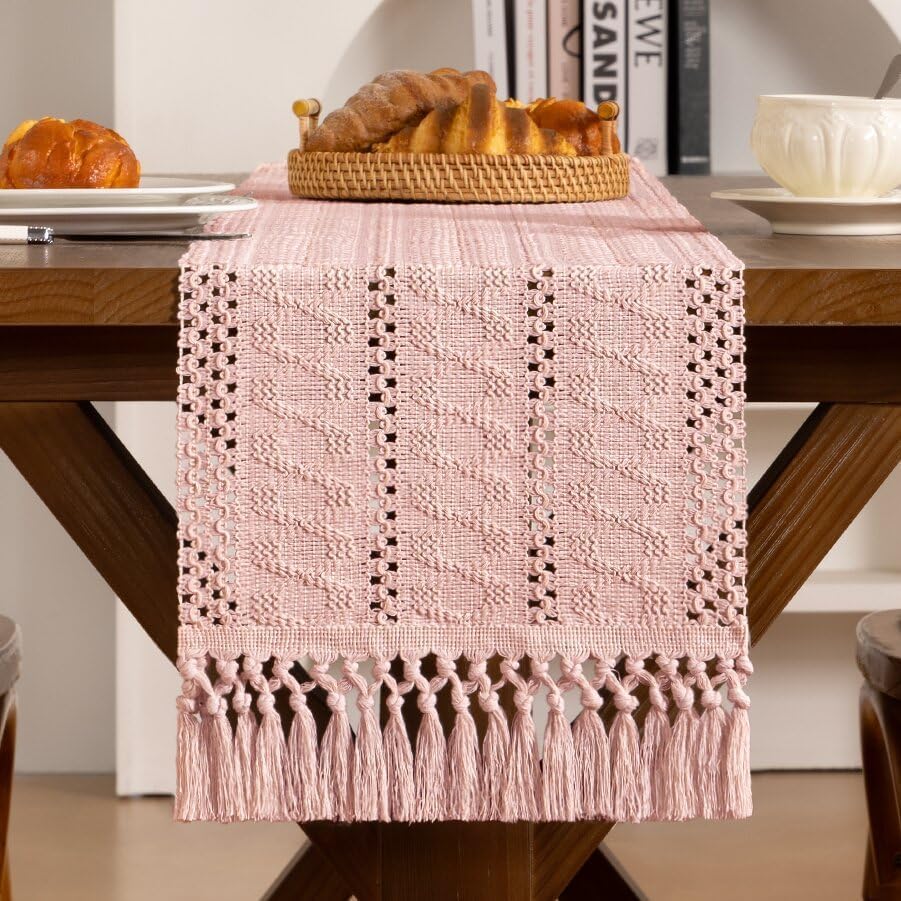 Pink Woven Table Runner Cotton Linen Boho with Tassels 11"×60"