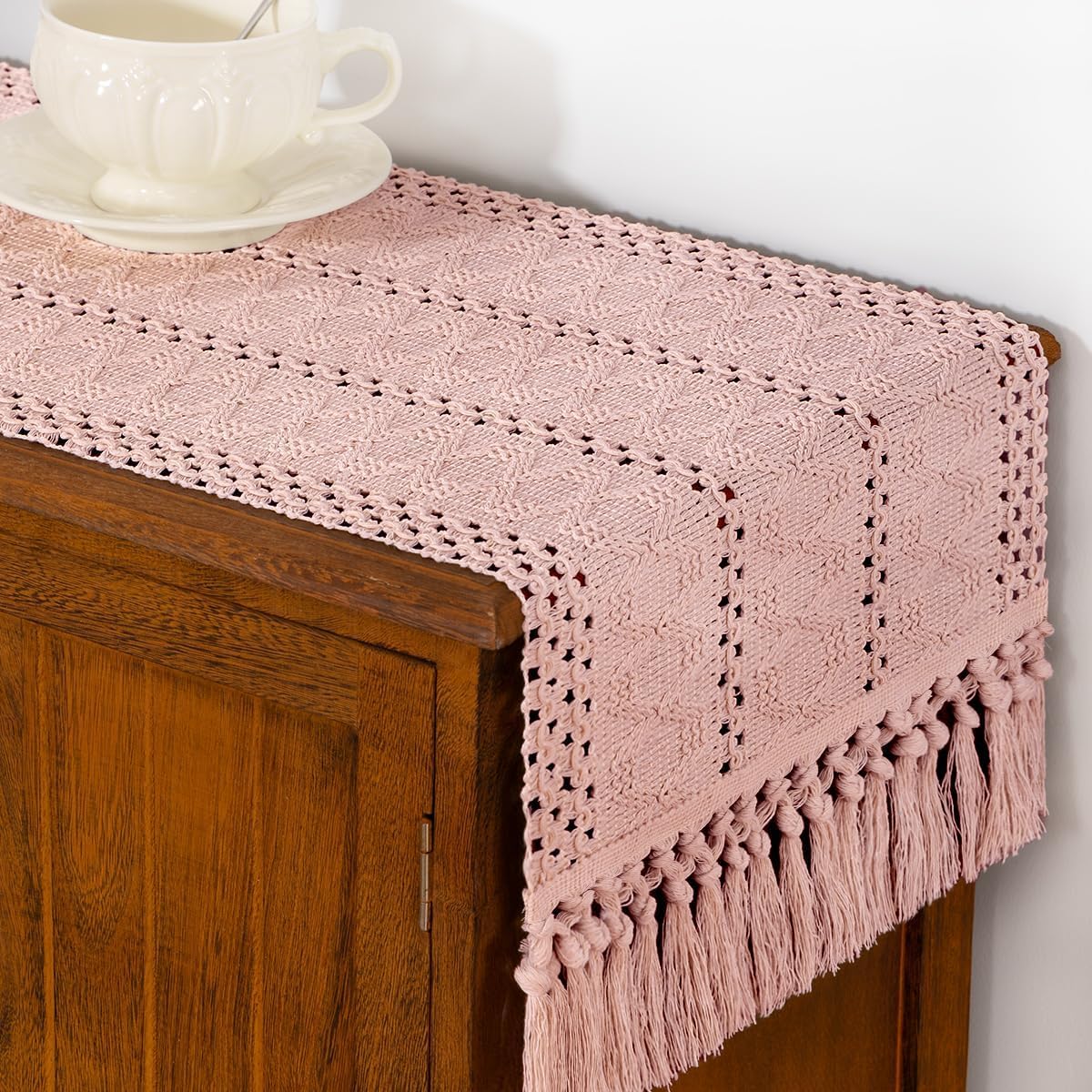 Pink Woven Table Runner Cotton Linen Boho with Tassels 11"×60"