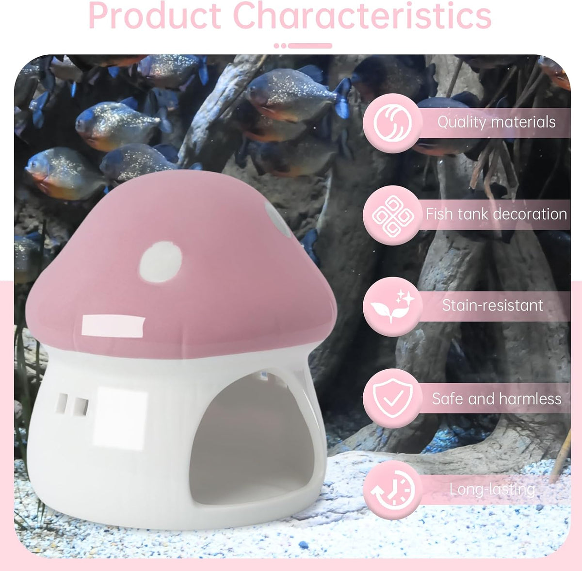 Large Pink Ceramic Mushroom Hideout, Aquarium Fish‑Tank Cave Ornament