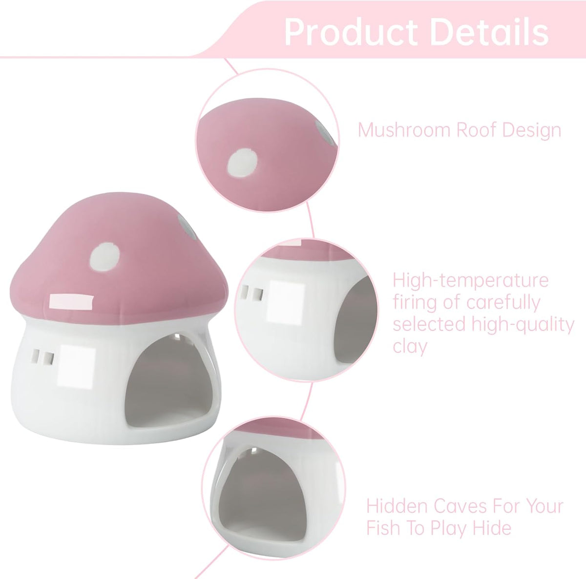 Large Pink Ceramic Mushroom Hideout, Aquarium Fish‑Tank Cave Ornament
