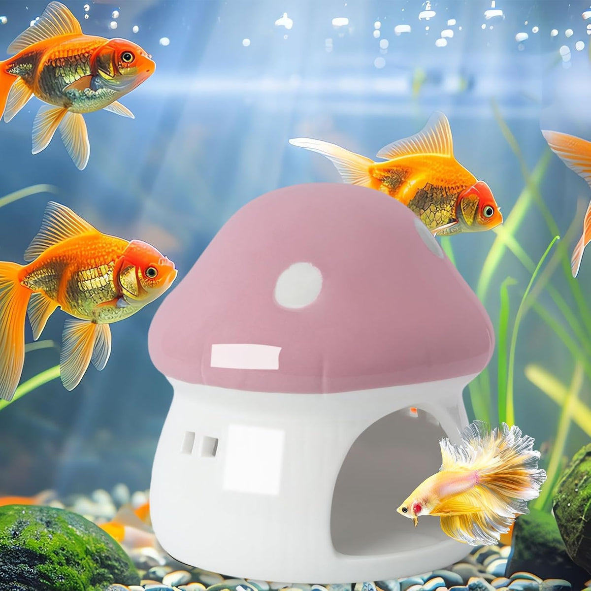 Large Pink Ceramic Mushroom Hideout, Aquarium Fish‑Tank Cave Ornament