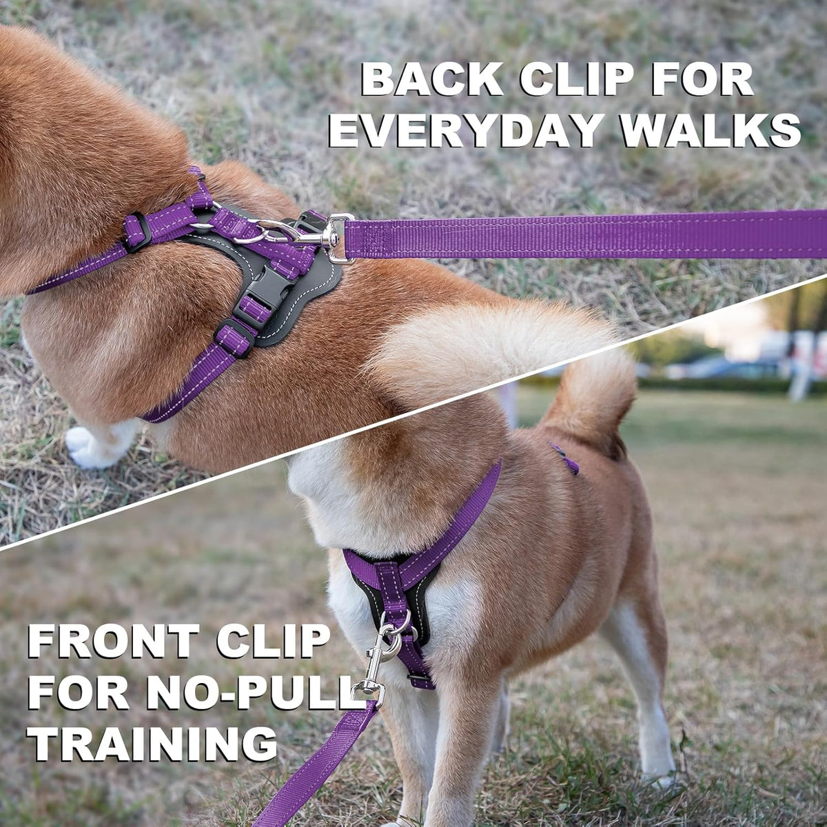 Plutus Pet Adjustable No Pull Dog Harness with Leather Accents, Heavy Duty Reflective Nylon Vest for Training, Hiking, Easy Walk Harness for Small, Medium, Large Dogs (Purple, L)