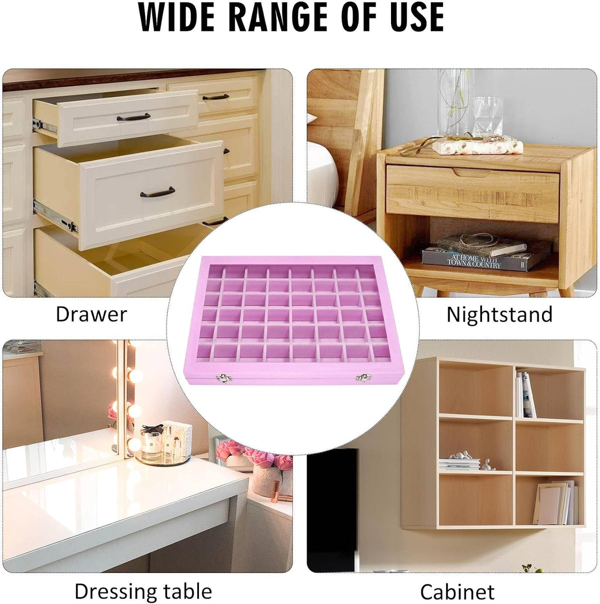 Velvet Jewelry Tray 48 Grid Jewelry Display Tray Organizer Box with Transparent Lid Rings Earrings Necklaces Pendants Display Box Suitable for Women and Girls (Pink)