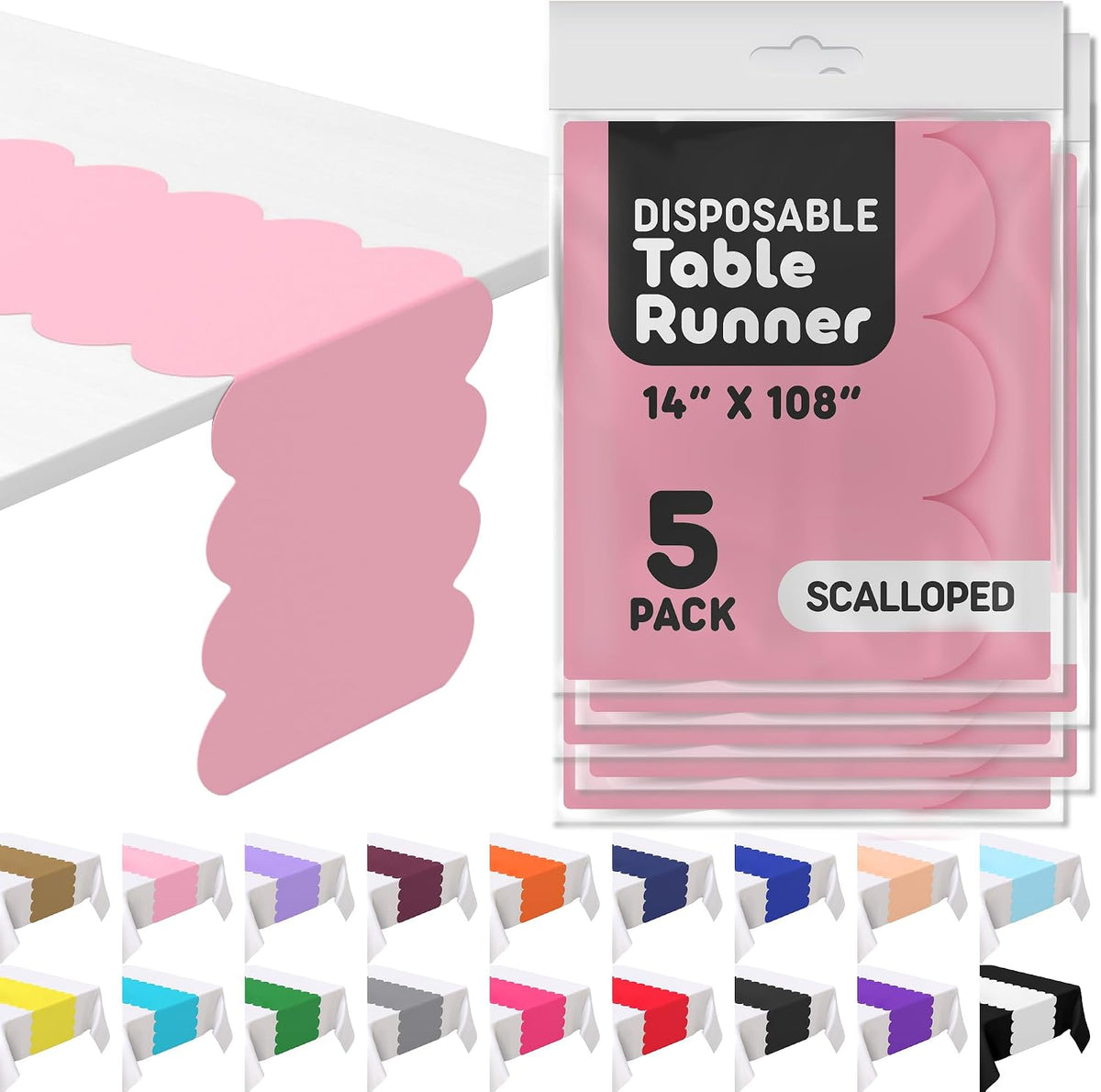 Light Pink Scallop Table Runner, Disposable Plastic, 5 Pack, 14x108in