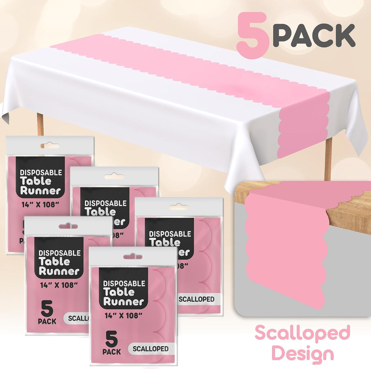 Light Pink Scallop Table Runner, Disposable Plastic, 5 Pack, 14x108in